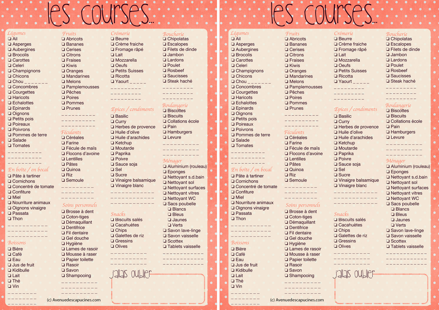 Menu de la semaine vierge à imprimer avec liste de courses