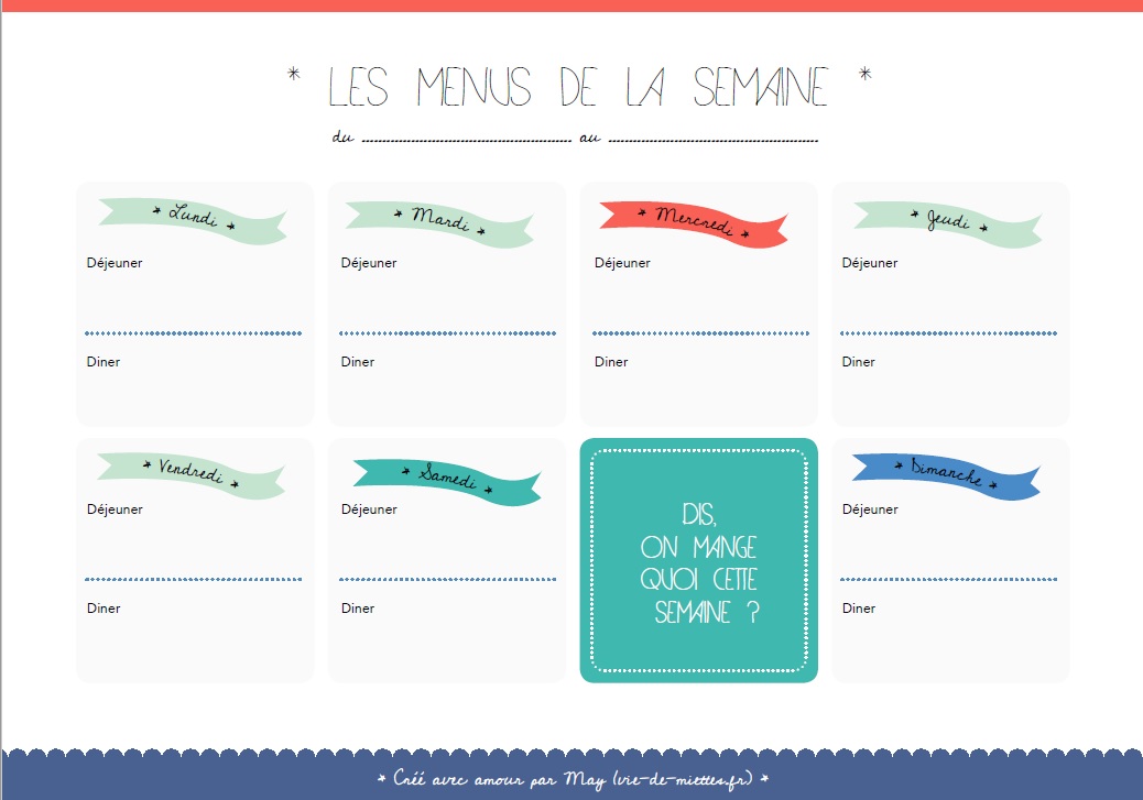 Menus de la semaine à imprimer - Modèles de planning PDF